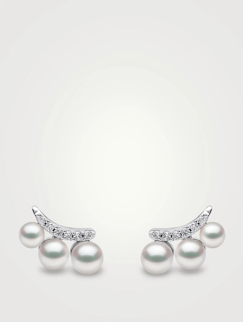 Sleek 18K White Gold Akoya Pearl Earrings With Diamonds