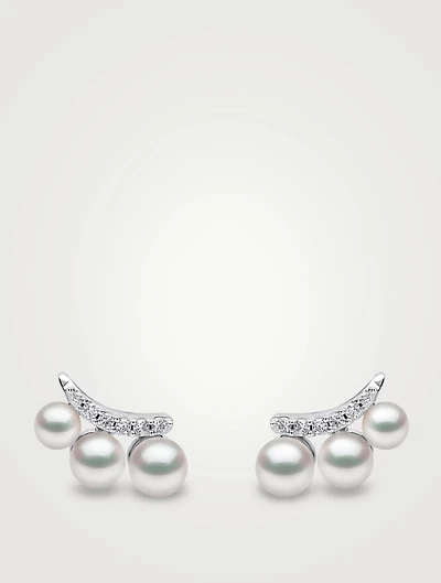 Sleek 18K White Gold Akoya Pearl Earrings With Diamonds