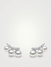 Sleek 18K White Gold Akoya Pearl Earrings With Diamonds