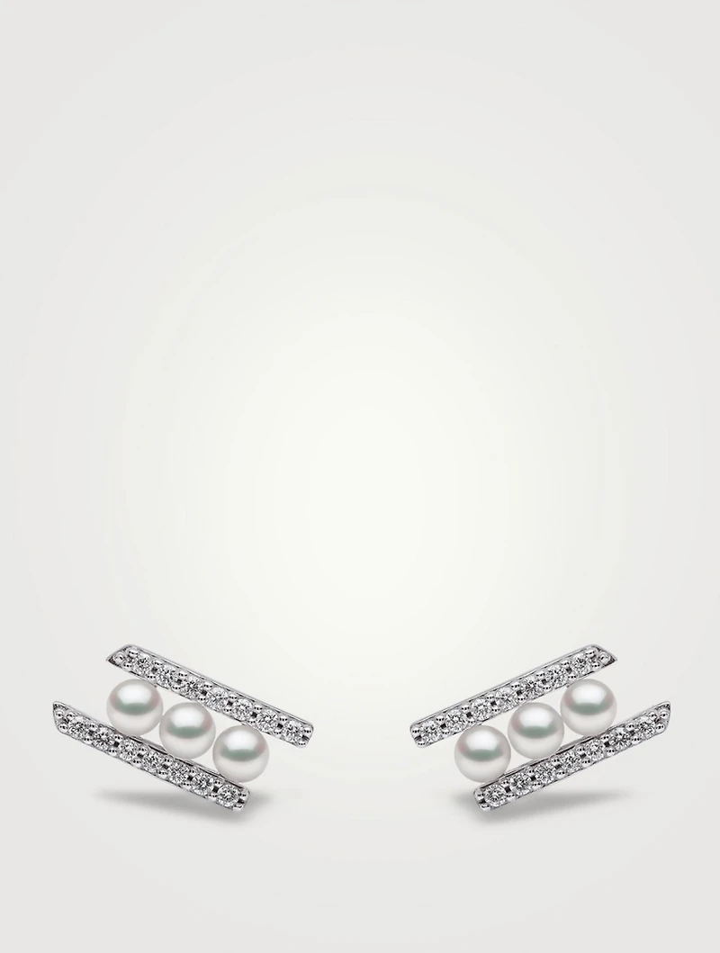 Sleek 18K White Gold Akoya Pearl Earrings With Diamonds