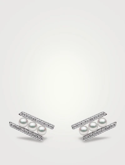 Sleek 18K White Gold Akoya Pearl Earrings With Diamonds