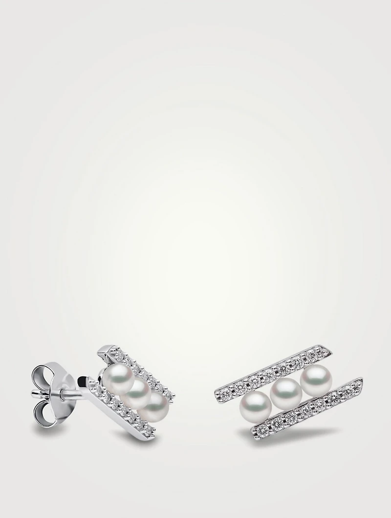Sleek 18K White Gold Akoya Pearl Earrings With Diamonds