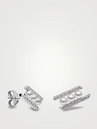 Sleek 18K White Gold Akoya Pearl Earrings With Diamonds