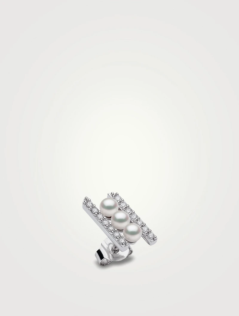 Sleek 18K White Gold Akoya Pearl Earrings With Diamonds