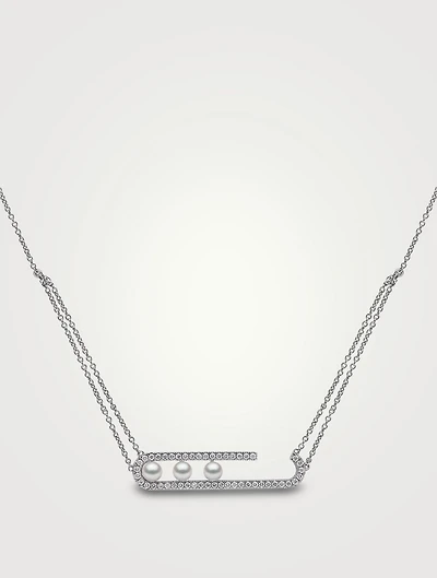 Sleek 18K White Gold Akoya Pearl Necklace With Diamonds