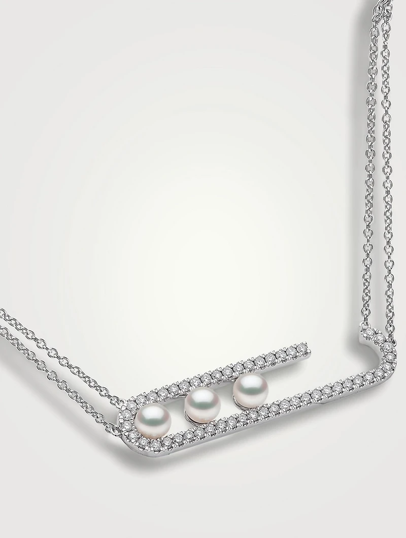 Sleek 18K White Gold Akoya Pearl Necklace With Diamonds
