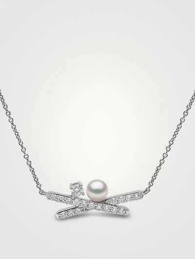 Sleek 18K White Gold Akoya Pearl Necklace With Diamonds