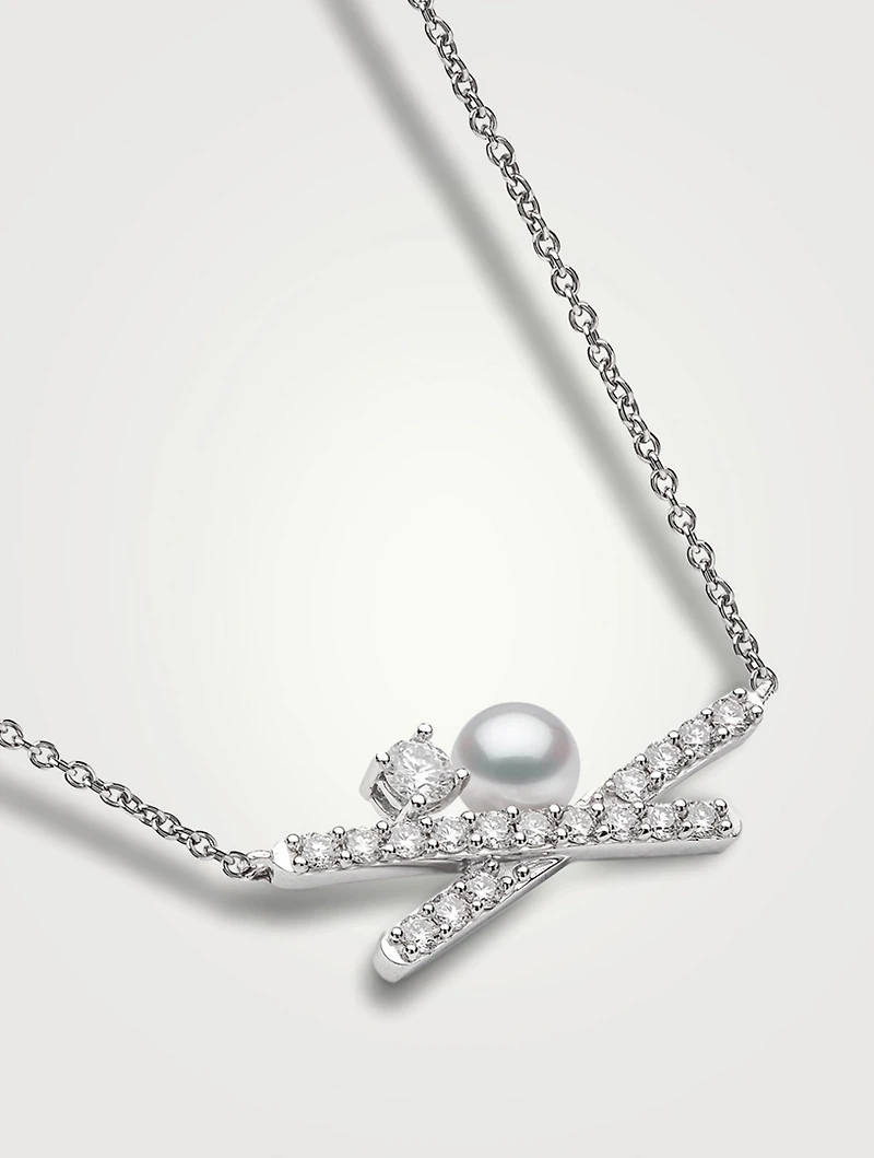 Sleek 18K White Gold Akoya Pearl Necklace With Diamonds