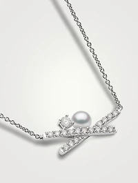 Sleek 18K White Gold Akoya Pearl Necklace With Diamonds
