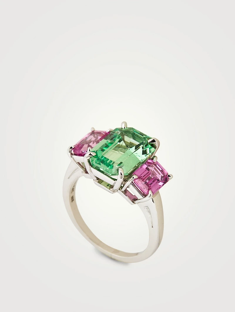 Emerald Cut Tsavorite And Pink Sapphire Ring