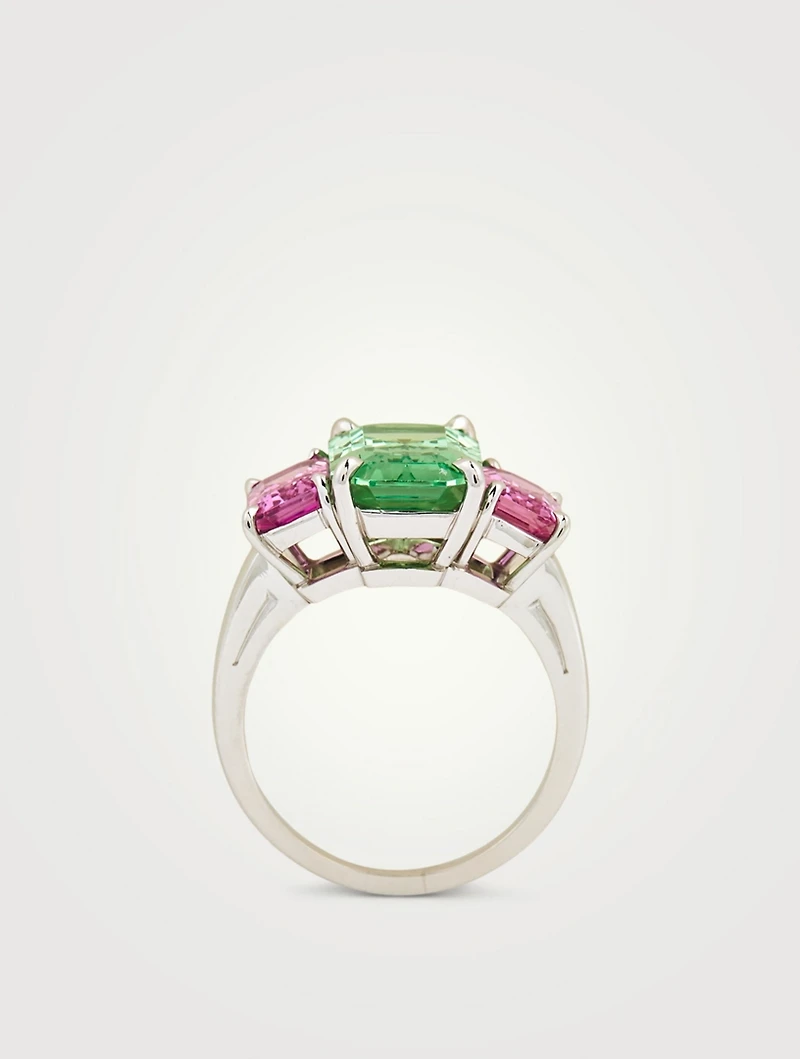 Emerald Cut Tsavorite And Pink Sapphire Ring