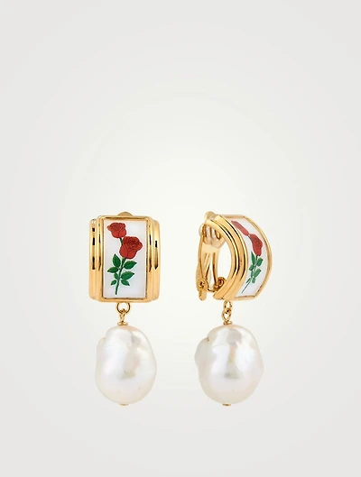 24K Goldplated Rosa Clip-On Earrings With Pearl