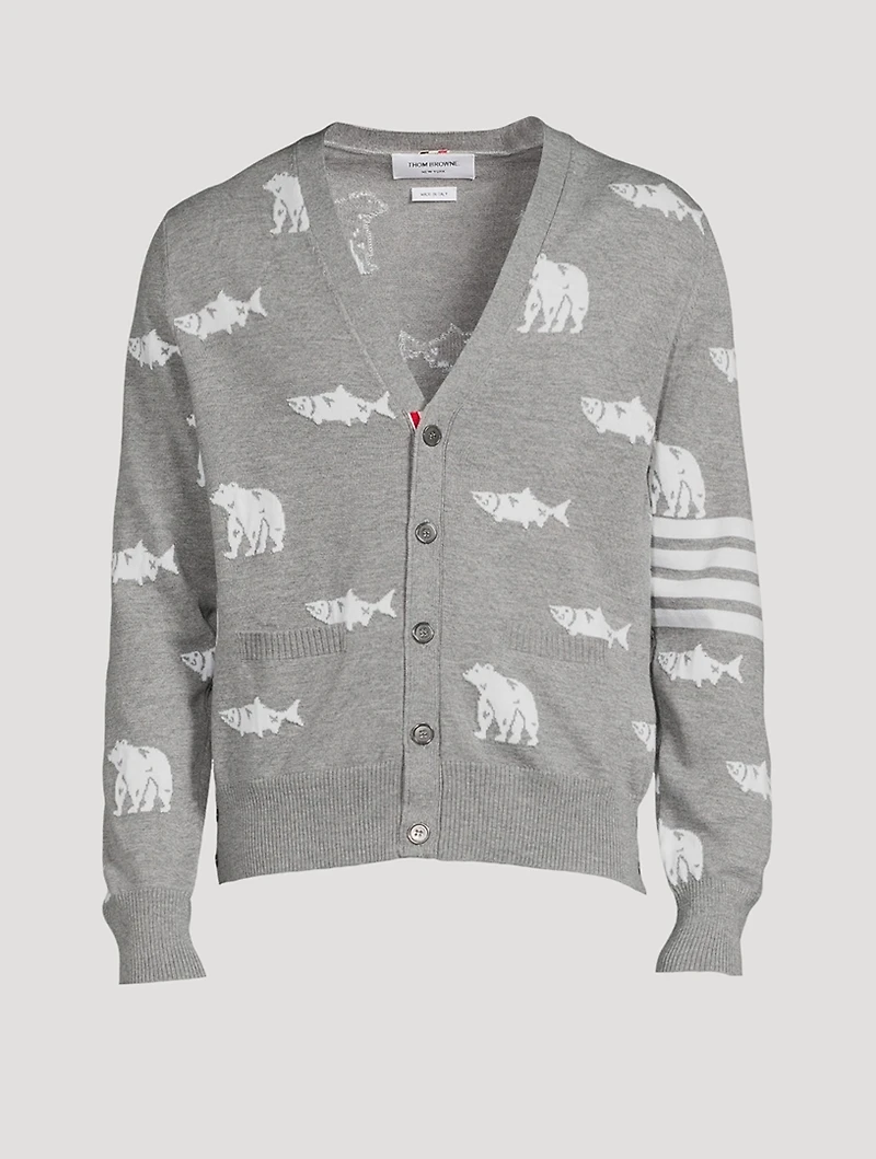 Wool Bear And Salmon Intarsia Cardigan