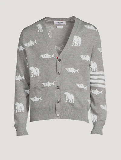 Wool Bear And Salmon Intarsia Cardigan