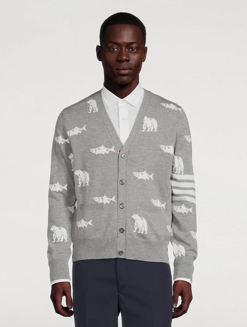Wool Bear And Salmon Intarsia Cardigan