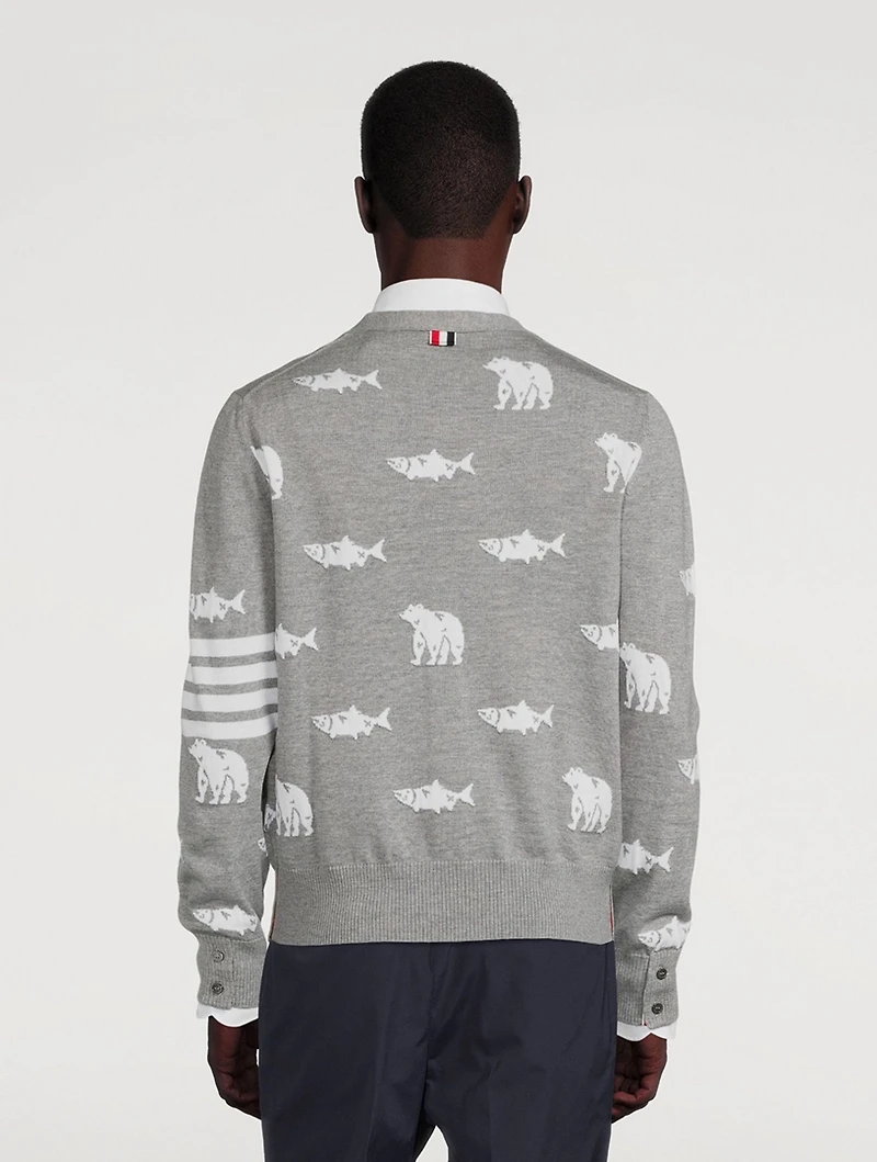 Wool Bear And Salmon Intarsia Cardigan