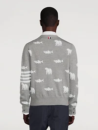 Wool Bear And Salmon Intarsia Cardigan