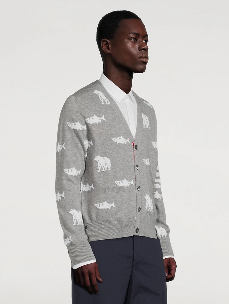Wool Bear And Salmon Intarsia Cardigan
