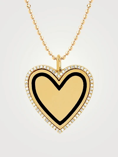 14K Gold Enamel Heart Necklace With Diamonds