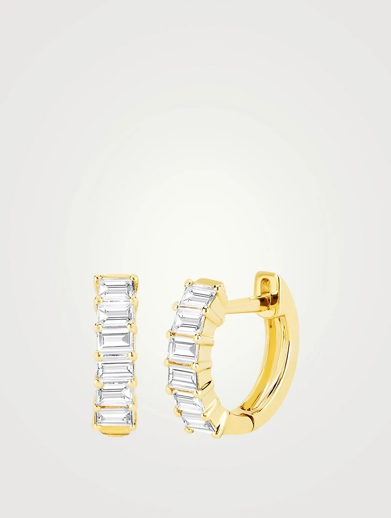 14K Gold Baguette Huggie Earrings With Diamonds