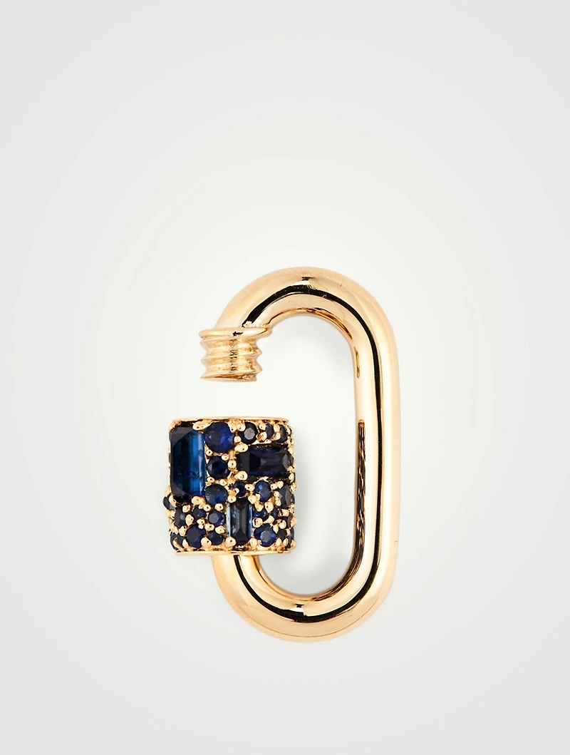 Medium Stoned Chubby Lock 14K Gold Pendant With Blue Sapphires