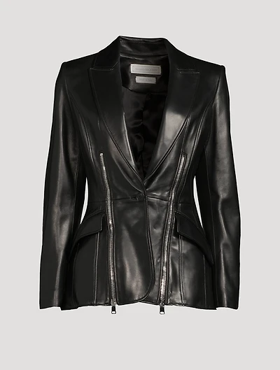 Leather Blazer With Zipper Trim