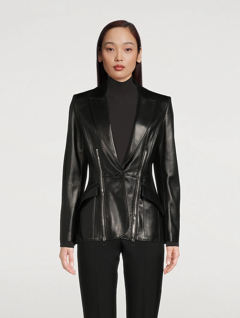 Leather Blazer With Zipper Trim