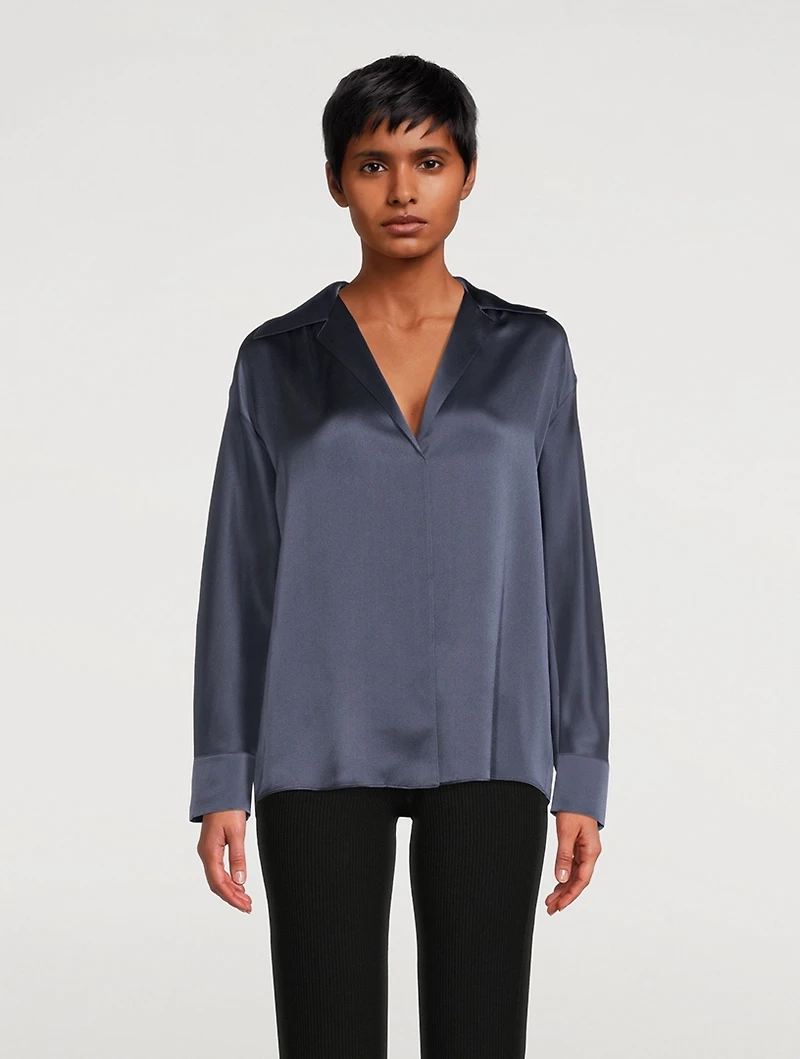 Silk Shaped Collar V-Neck Blouse