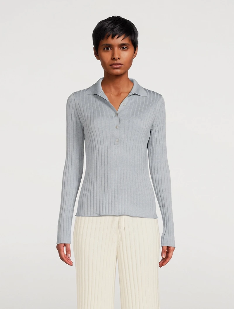 Ribbed Silk-Merino Wool Long-Sleeve Polo