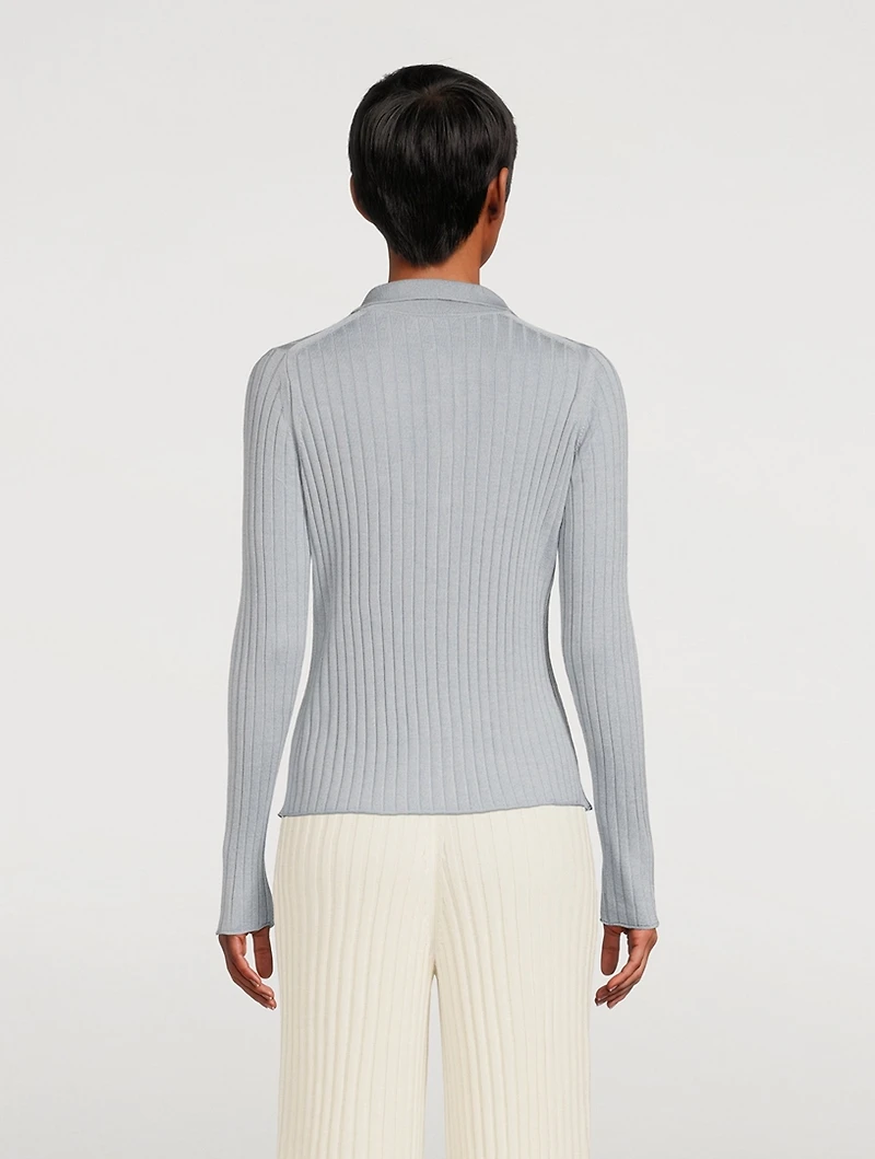Ribbed Silk-Merino Wool Long-Sleeve Polo