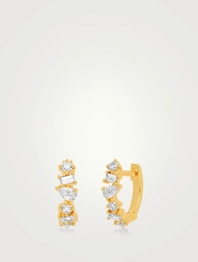 14K Gold Multi Faceted Huggie Earrings With Diamonds