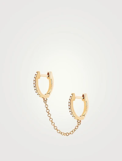 14K Gold Double Huggie Chain Earring With Diamonds