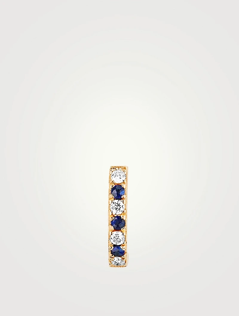 14K Gold Mini Dot Huggie Earring With Blue Sapphire And Diamonds