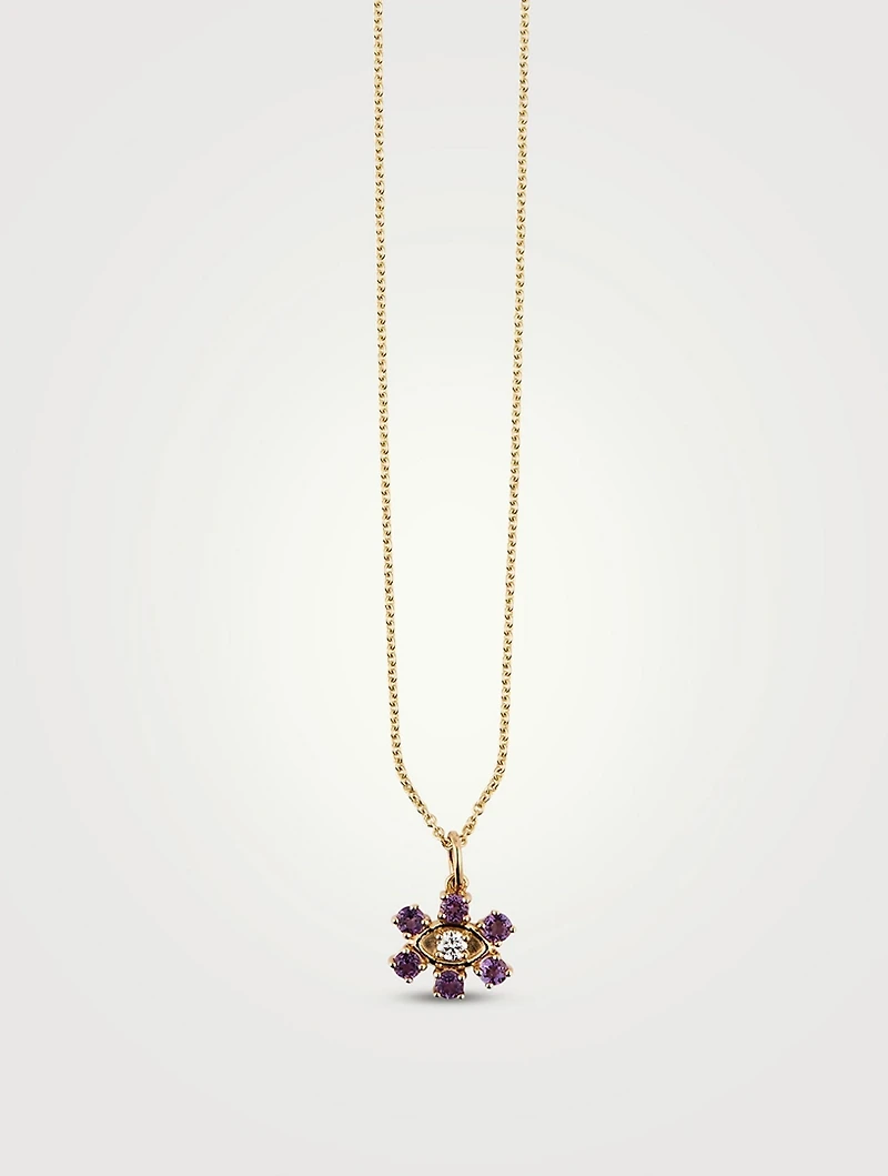 14K Gold Marquis Flower Necklace With Diamond And Amethyst