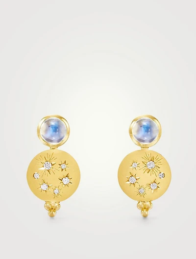 18K Gold Cosmos Drop Earrings With Blue Moonstone And Diamonds