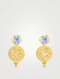 18K Gold Cosmos Drop Earrings With Blue Moonstone And Diamonds