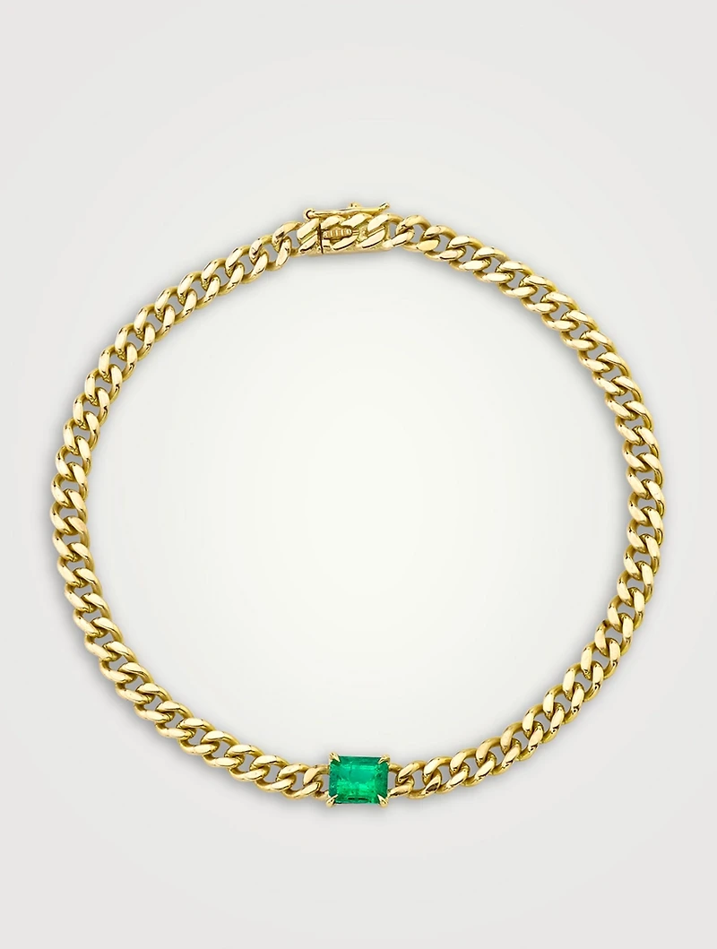 18K Gold Cuban Link Bracelet With Emerald