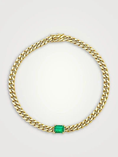 18K Gold Cuban Link Bracelet With Emerald