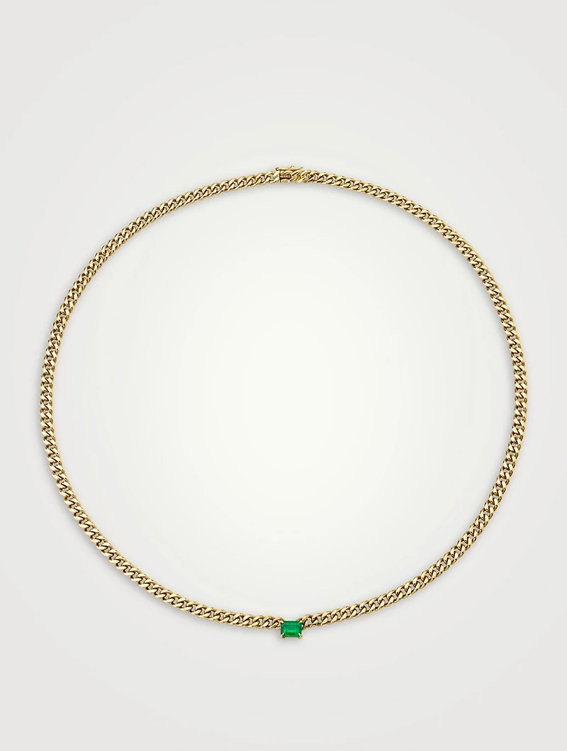 18K Gold Cuban Link Necklace With Emerald