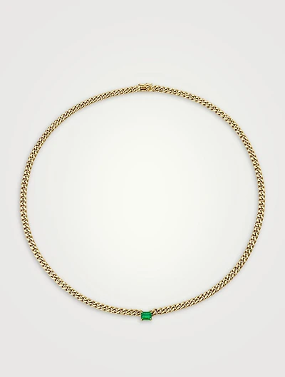 18K Gold Cuban Link Necklace With Emerald