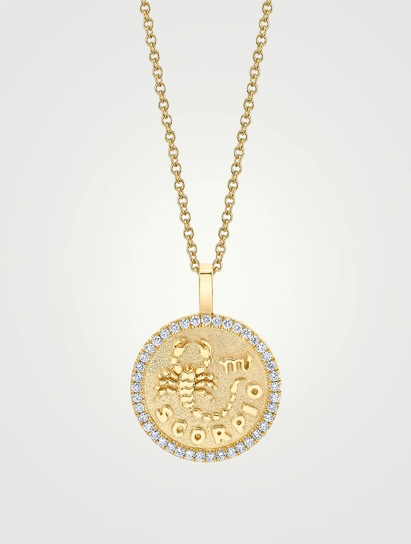 18K Gold Zodiac Scorpio Coin Pendant Necklace With Diamonds