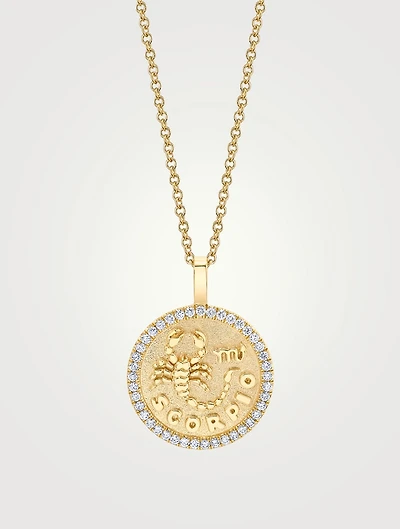 18K Gold Zodiac Scorpio Coin Pendant Necklace With Diamonds