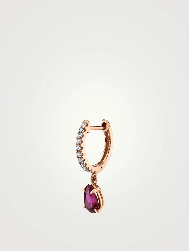 18K Rose Gold Ruby Drop Huggie Earring With Diamonds