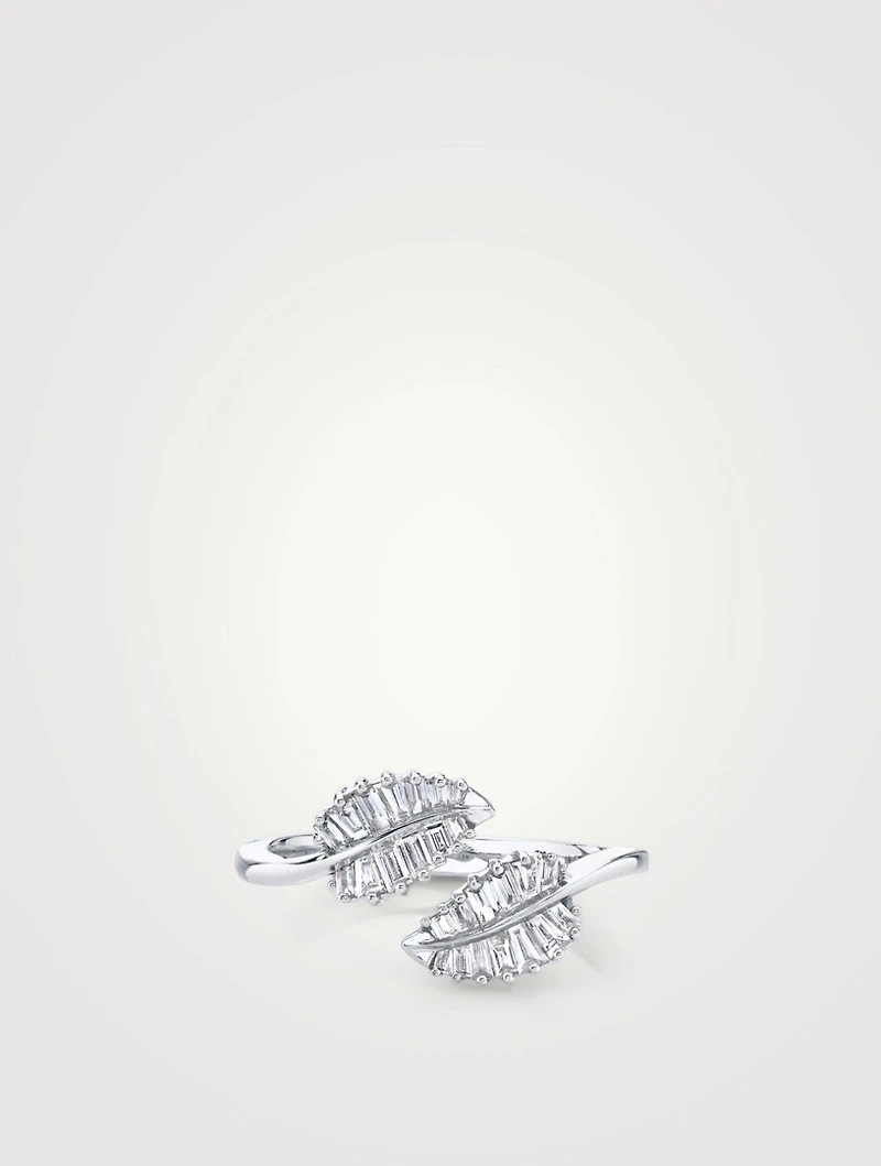18K White Gold Small Palm Leaf Ring With Diamonds