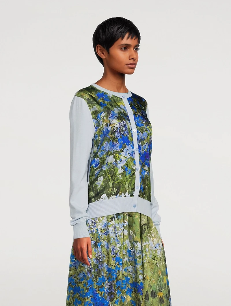 Silk Insert Wool Cardigan Floral Field Print