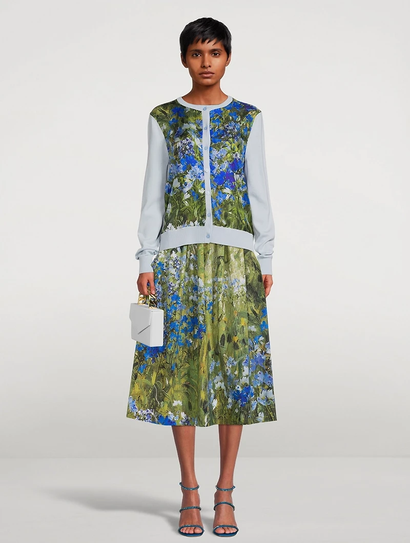 Silk Insert Wool Cardigan Floral Field Print