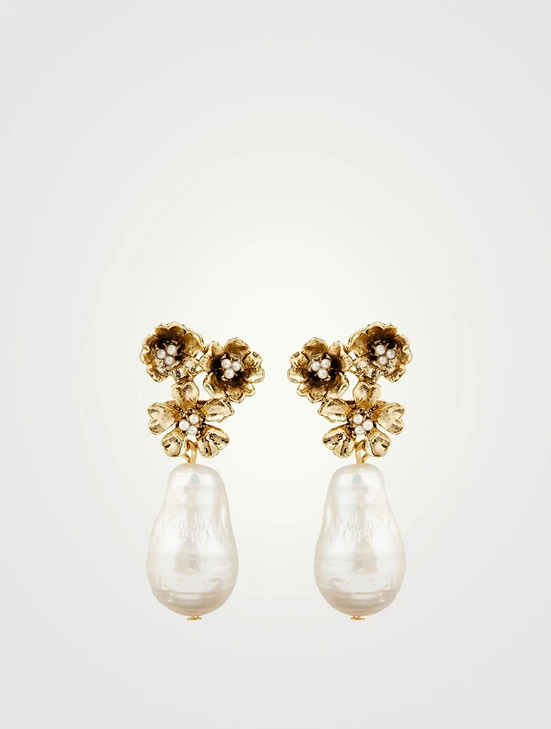 Floral Pendant Earrings With Pearls