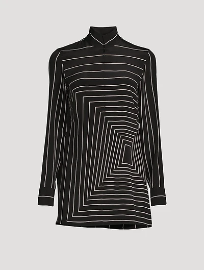 Zip-Front Silk Tunic Trapezoid Print