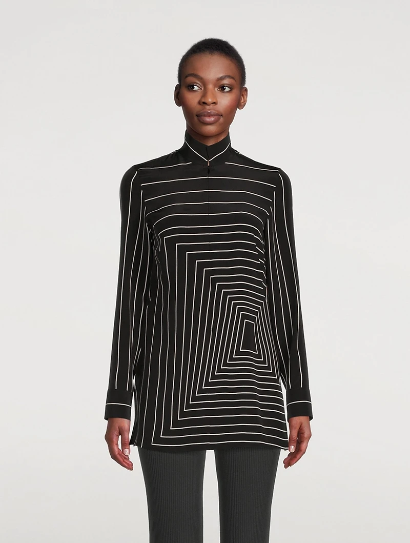 Zip-Front Silk Tunic Trapezoid Print