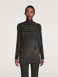 Zip-Front Silk Tunic Trapezoid Print